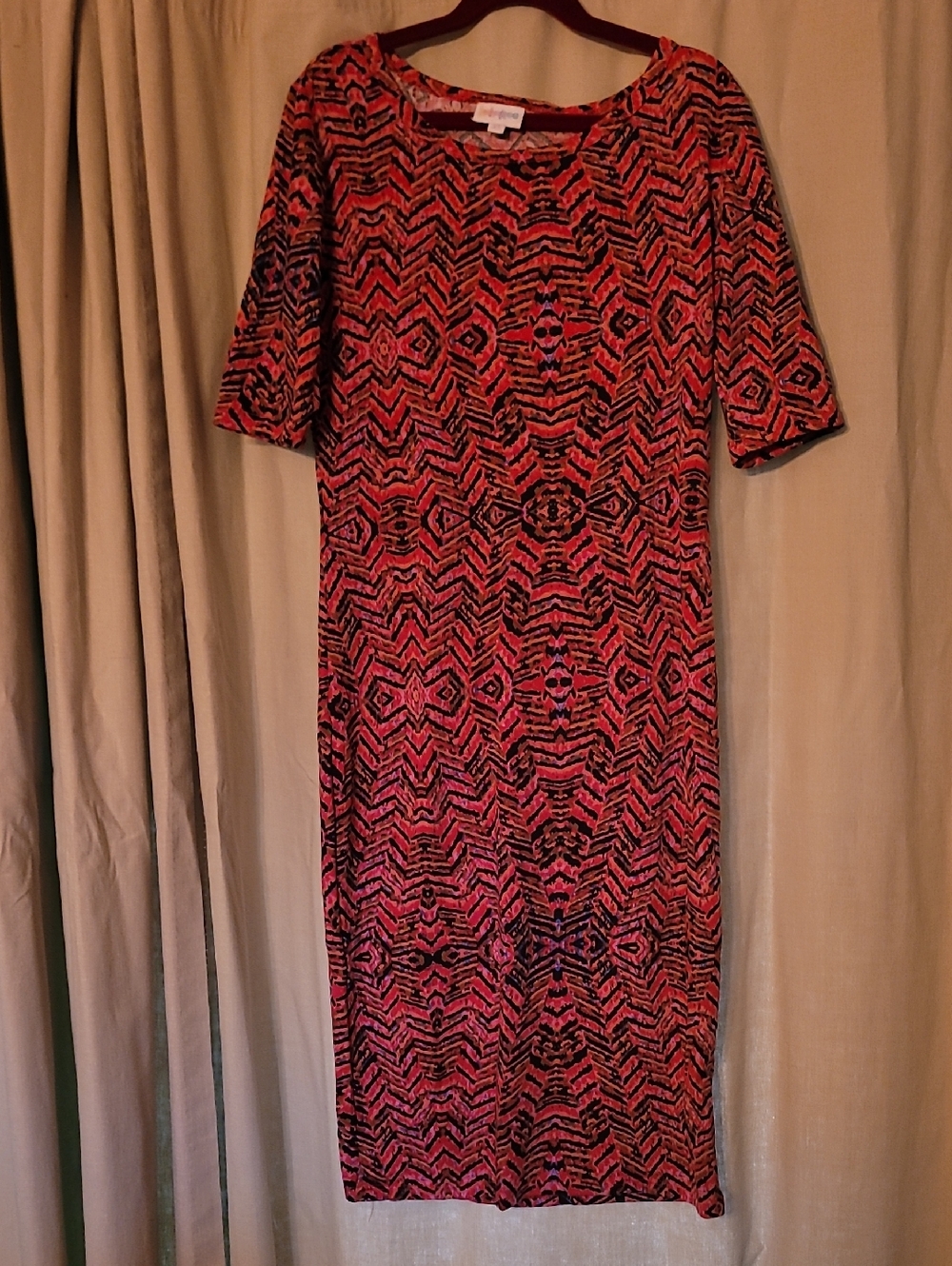 LuLaRoe Red and Black Geometric Midi Dress with Pink Accents JULIA